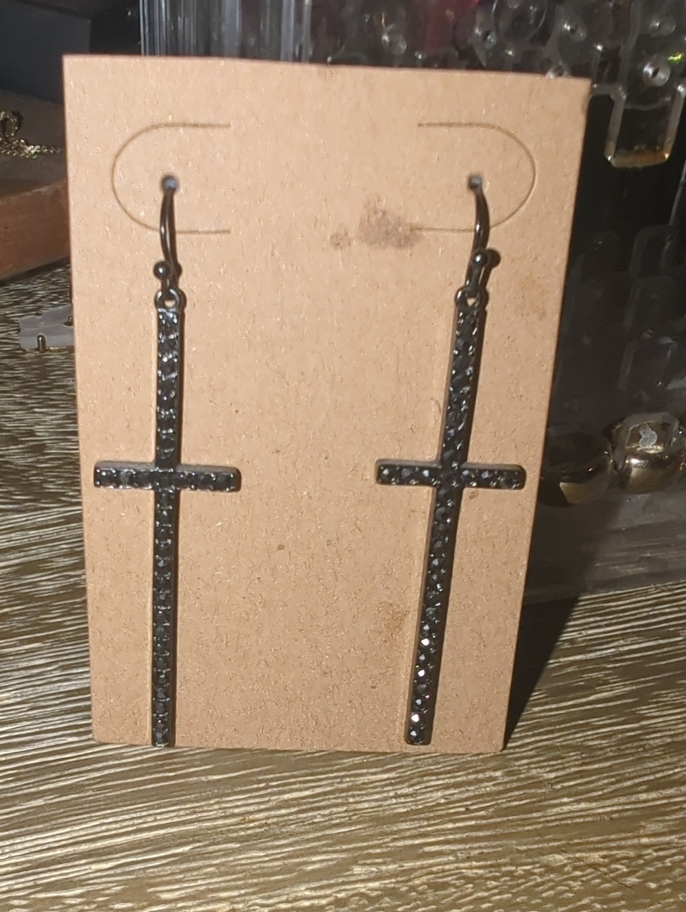 Rhinestone Cross Dangle Earrings in Gunmetal
